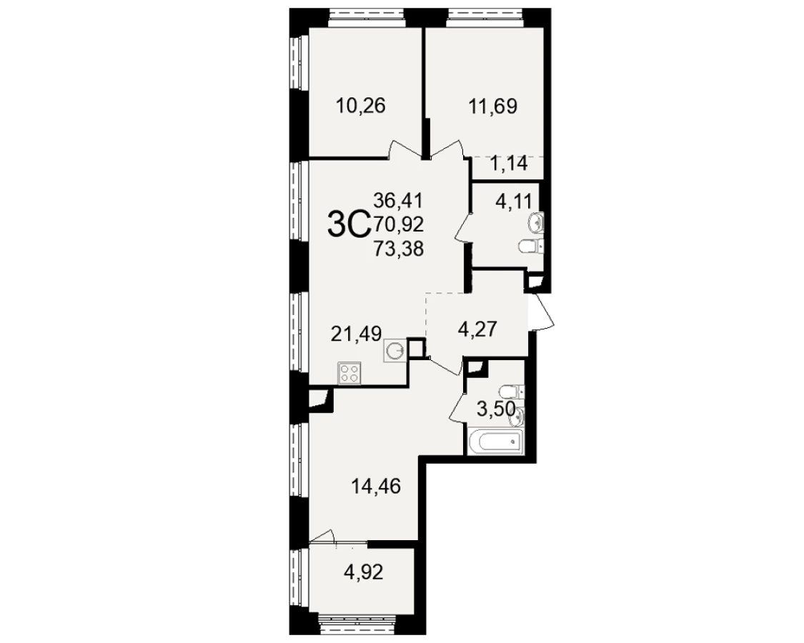 3-х комнатная квартира площадью 73.38м2